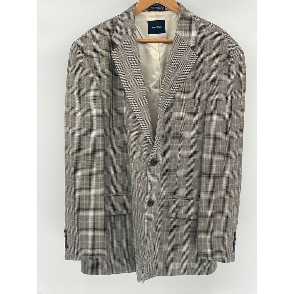 Nautica Blazer Sport Coat Suit Jacket Men 48 R Plaid Tan Silk Wool